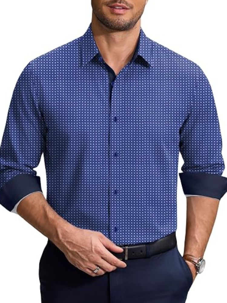 Printed Contrast Collar Long Sleeve Button Down Dress Shirt (US Only)