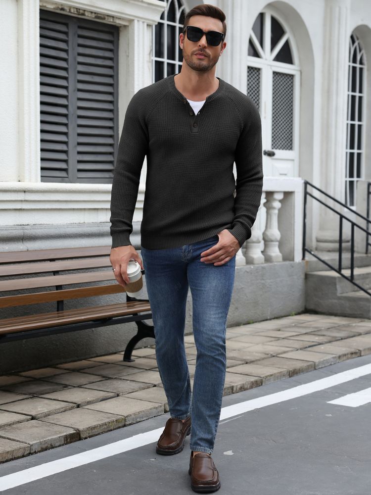 Raglan Sleeve Henley Waffle Knit Pullover Sweater (US Only)