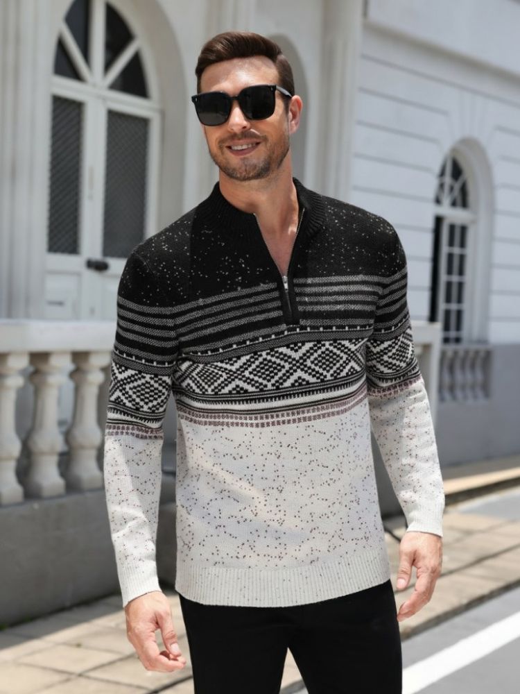 Quarter Zip Fair Isle Pattern Knit Pullover Sweater (US Only)
