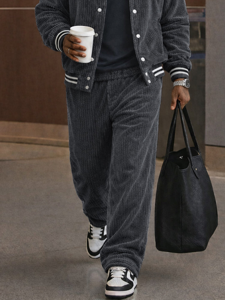 Corduroy Contrast Stripe Trim Jacket and Pants Set