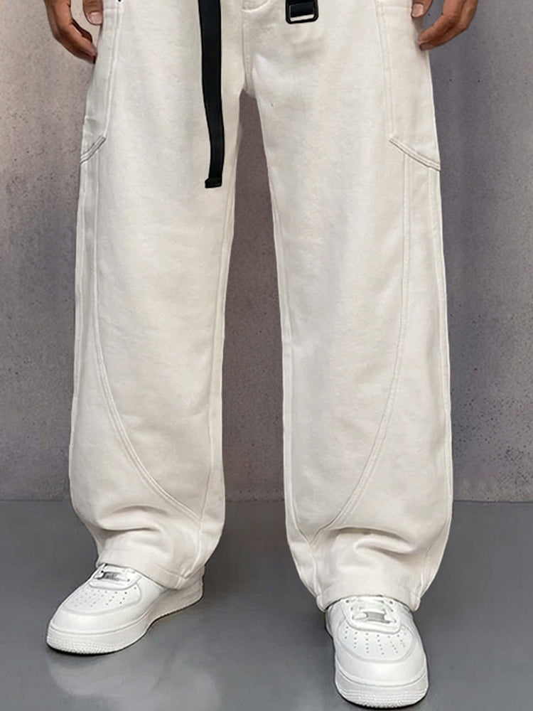 Casual Loose Fit Pockets Belted Suede Pants