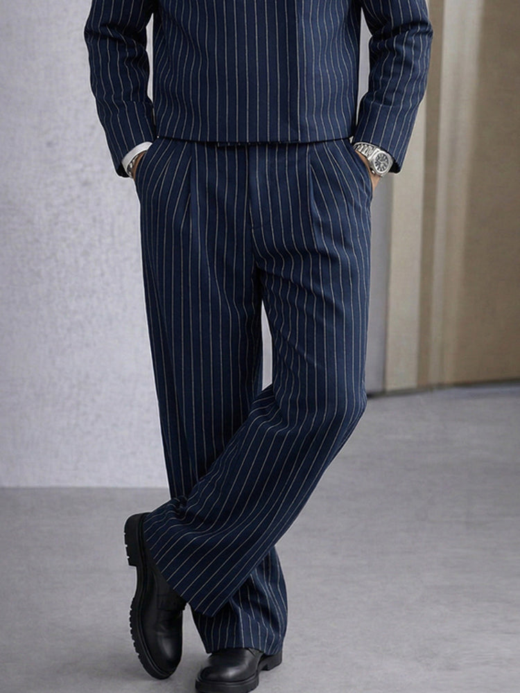 Trendy Pinstripe Cross Placket Jacket Pants Set