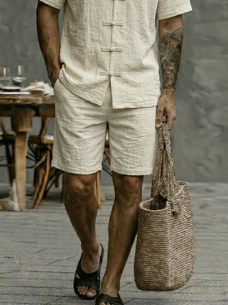 Casual Cotton Frog Button Shirt Shorts Set