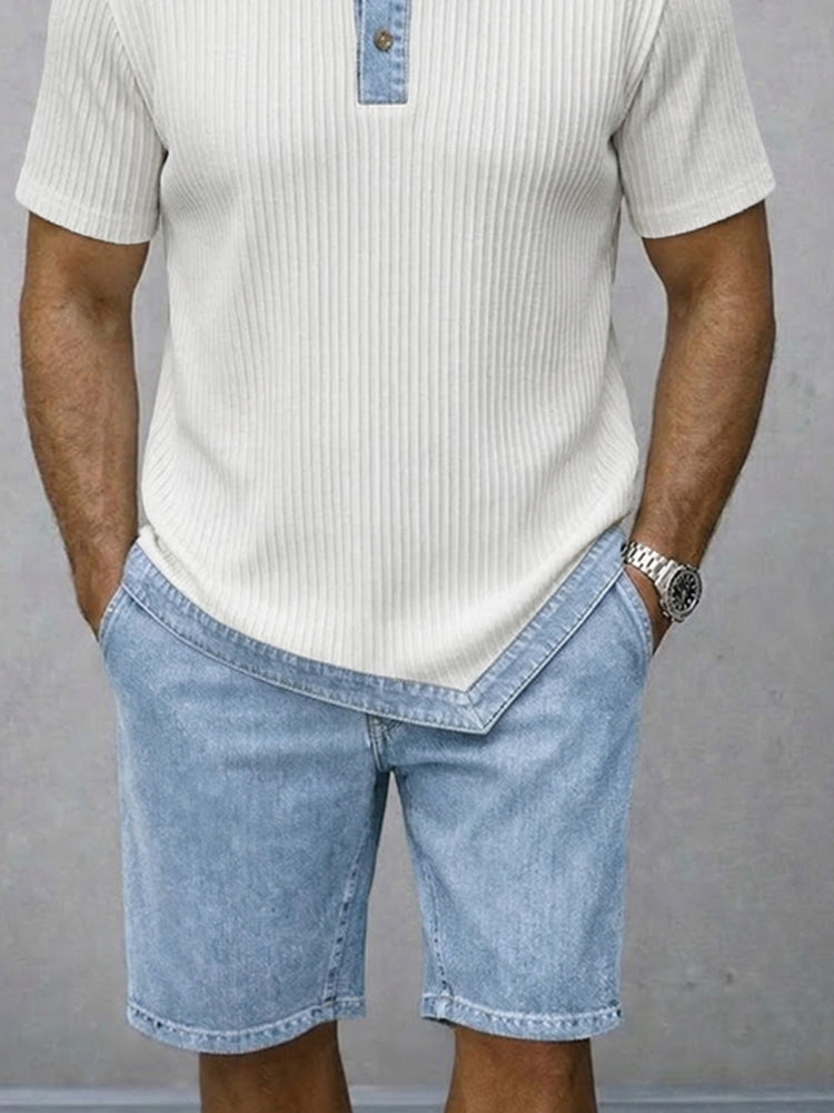 Casual Summer Contrast Denim Textured Matching Set
