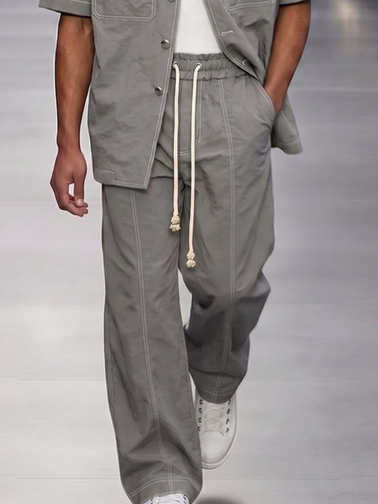 Casual Cuban Collar Utility Shirt Pants Set