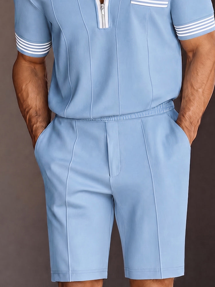 Summer Casual Contrast Stripe Polo Shirt Set