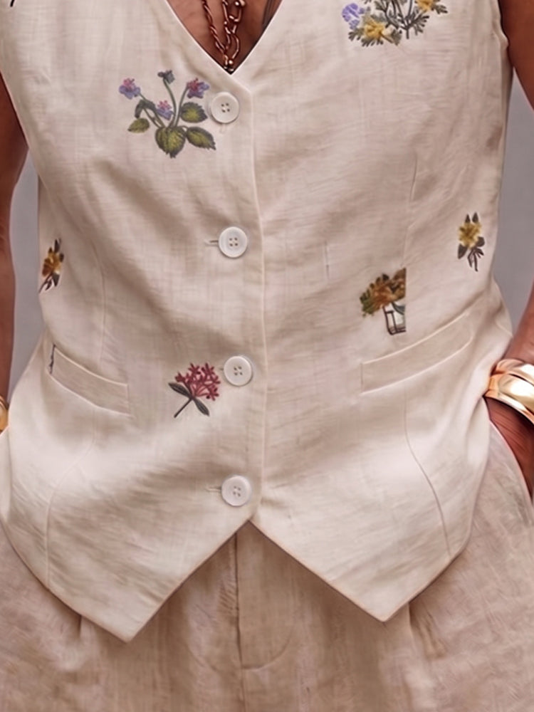 Summer Floral Embroidered Cotton Vest