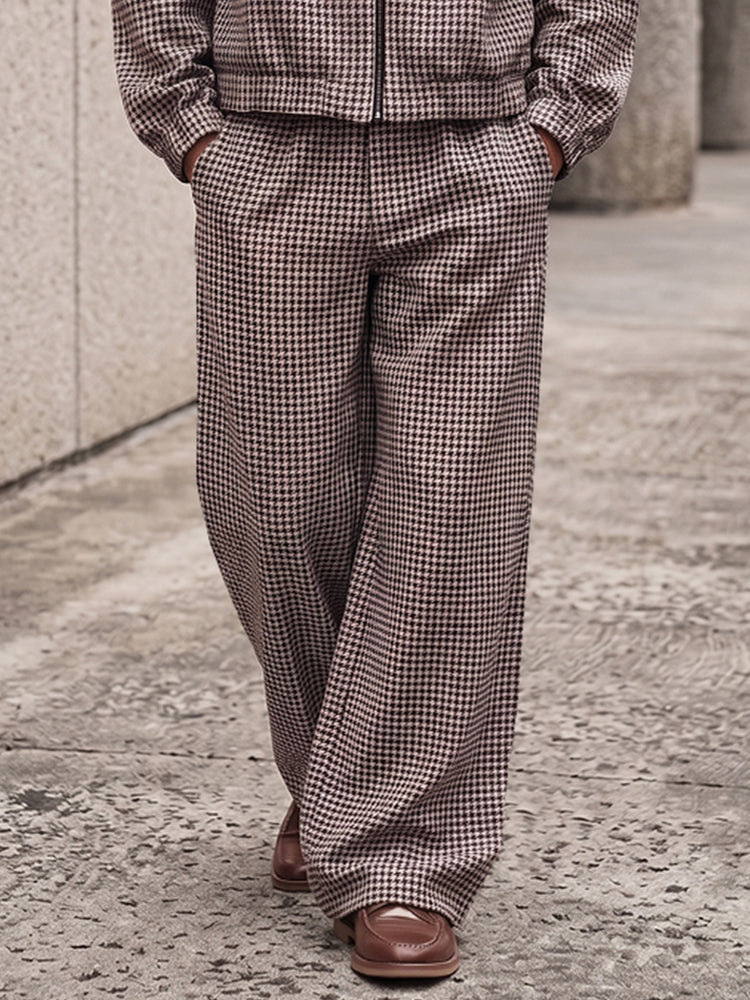 Vintage Houndstooth Splicing Jacket Pants Set
