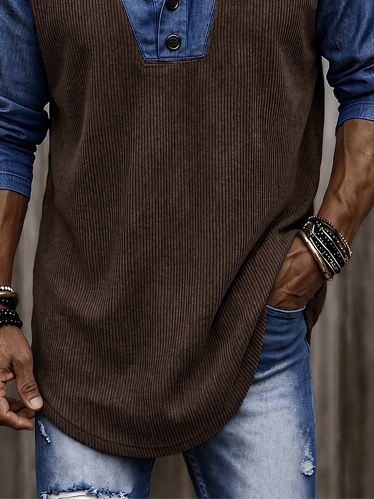 Stylish Faux Denim Patchwork Knit Pullover Shirt