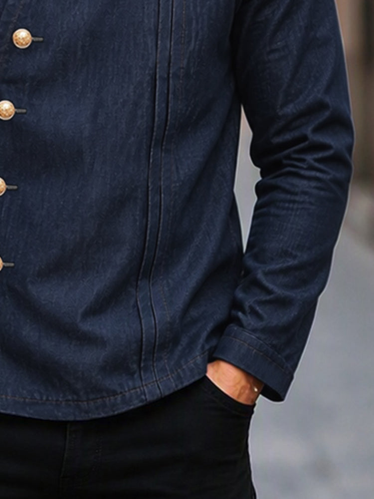 Lightweight Slanted Button Denim-look Cotton Jacket