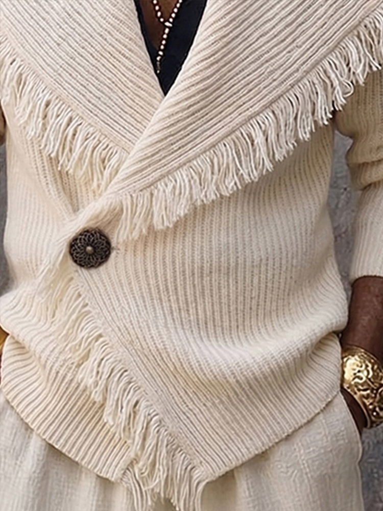 Stylish Fringe Trim Shawl Collar Knit Cardigan
