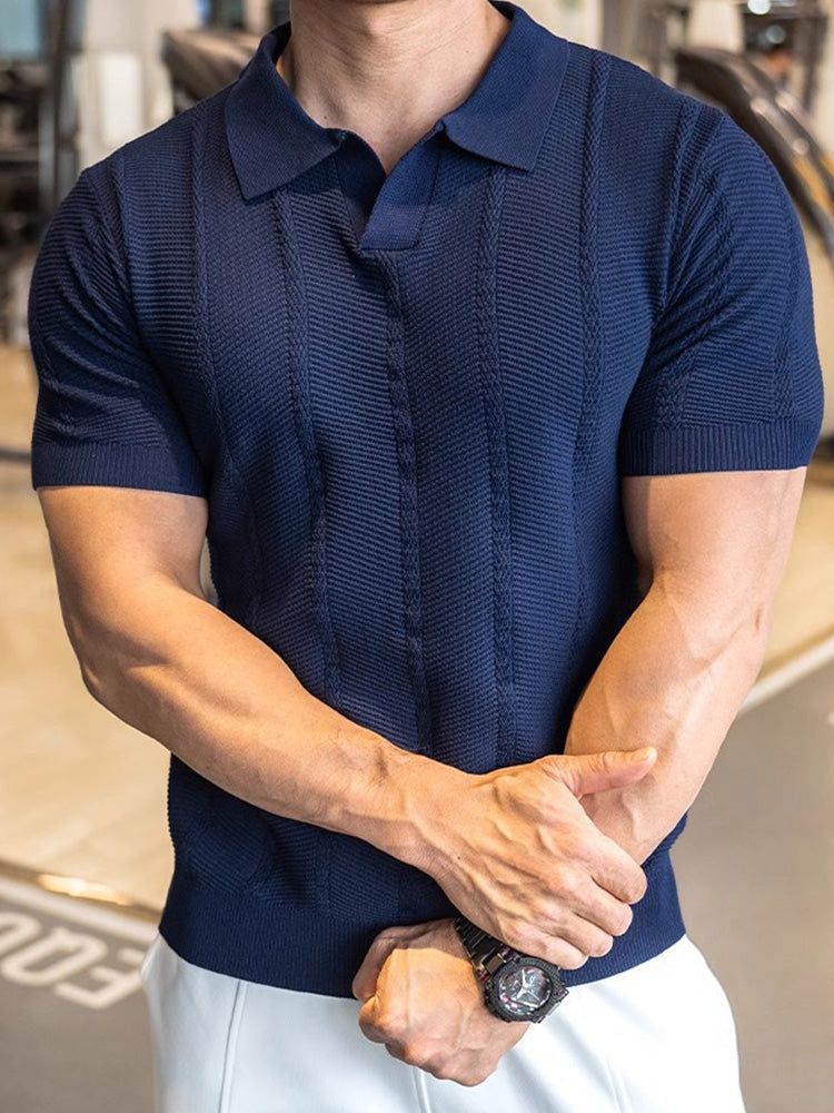 V-Neck Collar Vertical Cable Textured Ice Silk Casual Tee