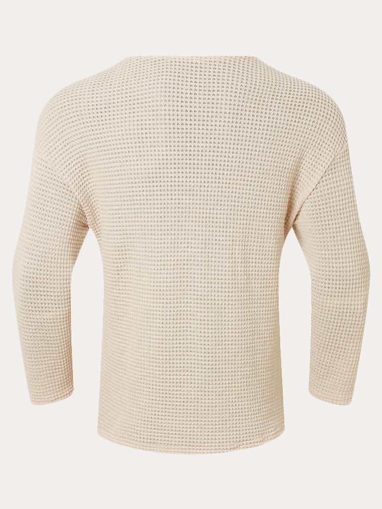 Waffle Knit Deep U-Neck Drop Shoulder Pullover Shirt