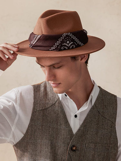 Flat Brim Fedora Hat with Kirchief