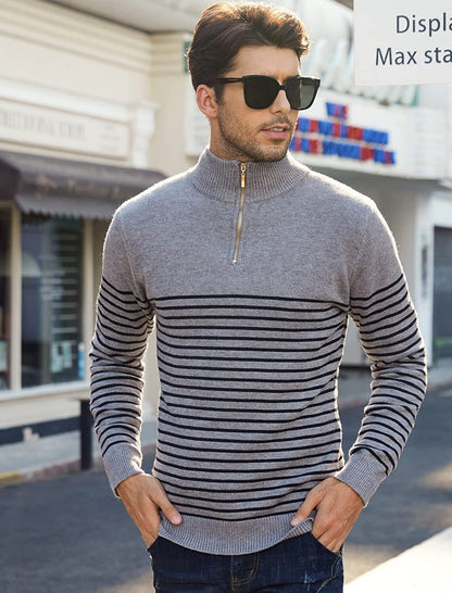 Striped Zip Up Mock Neck Pullover Sweaters (US Only)