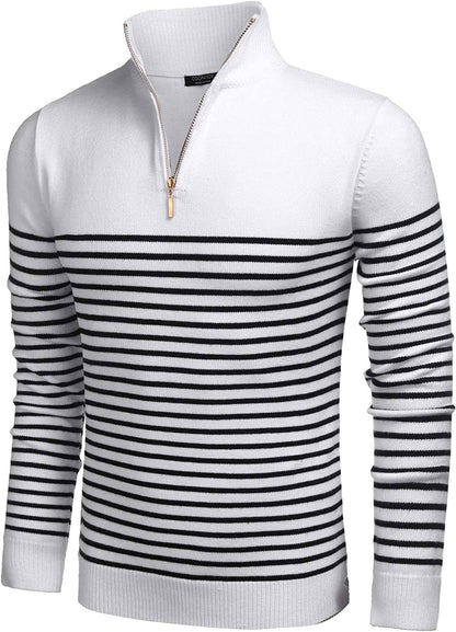 Striped Zip Up Mock Neck Pullover Sweaters (US Only)