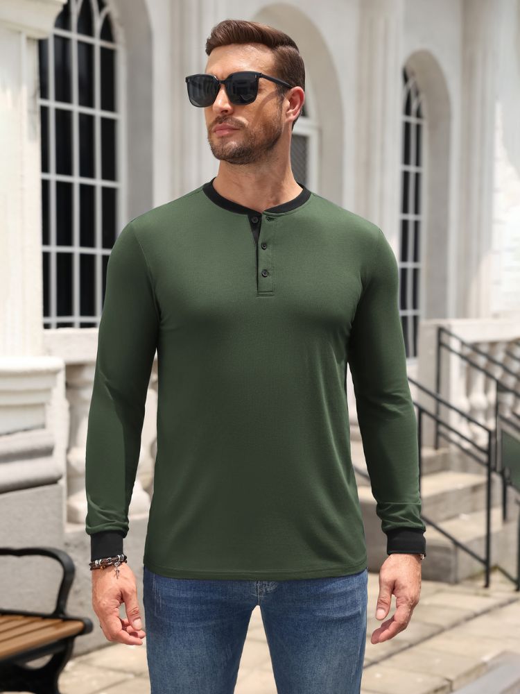 Casual Modern Contrast Henley Long Sleeve Shirt (US Only)