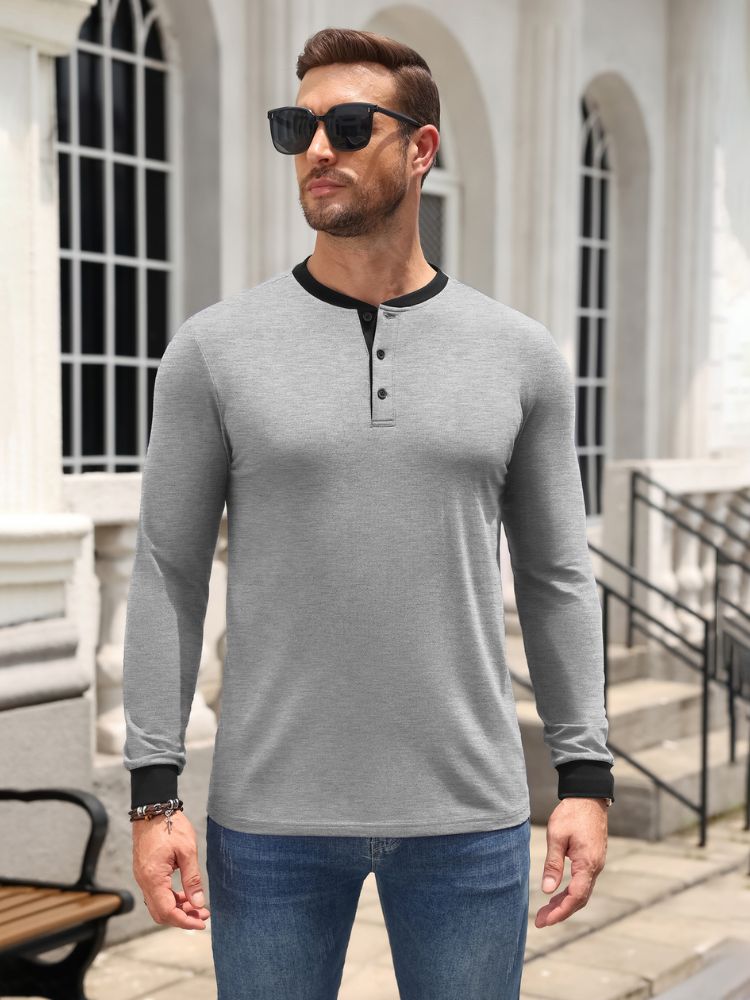 Casual Modern Contrast Henley Long Sleeve Shirt (US Only)