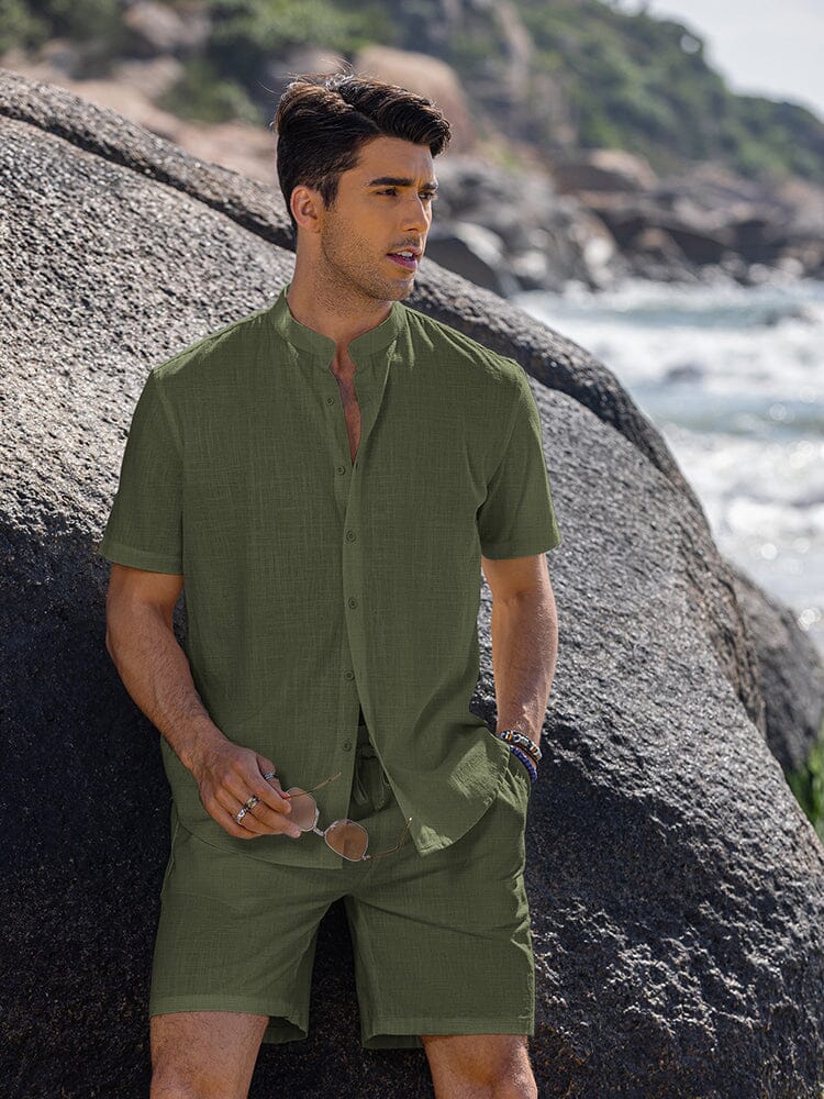 Casual Cotton Linen Stand Collar Shirt Set (US Only)