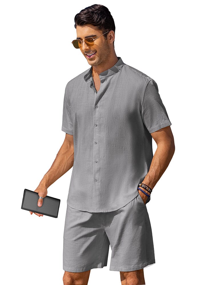 Casual Cotton Linen Stand Collar Shirt Set (US Only)