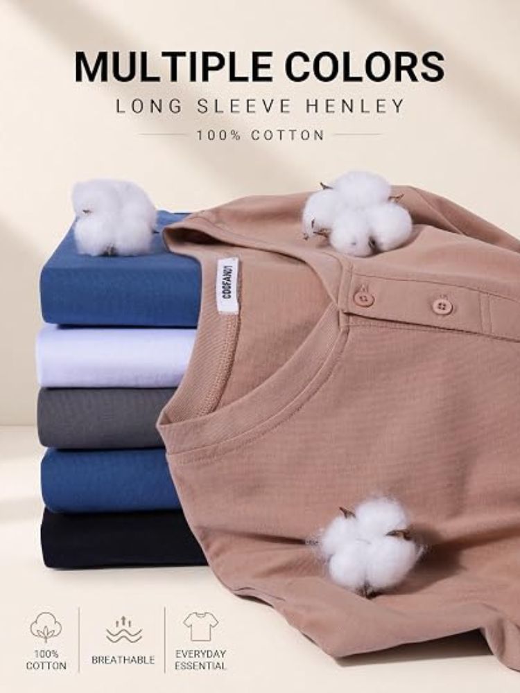 Essential 100% Cotton Long Sleeve Henley Shirt (US Only)