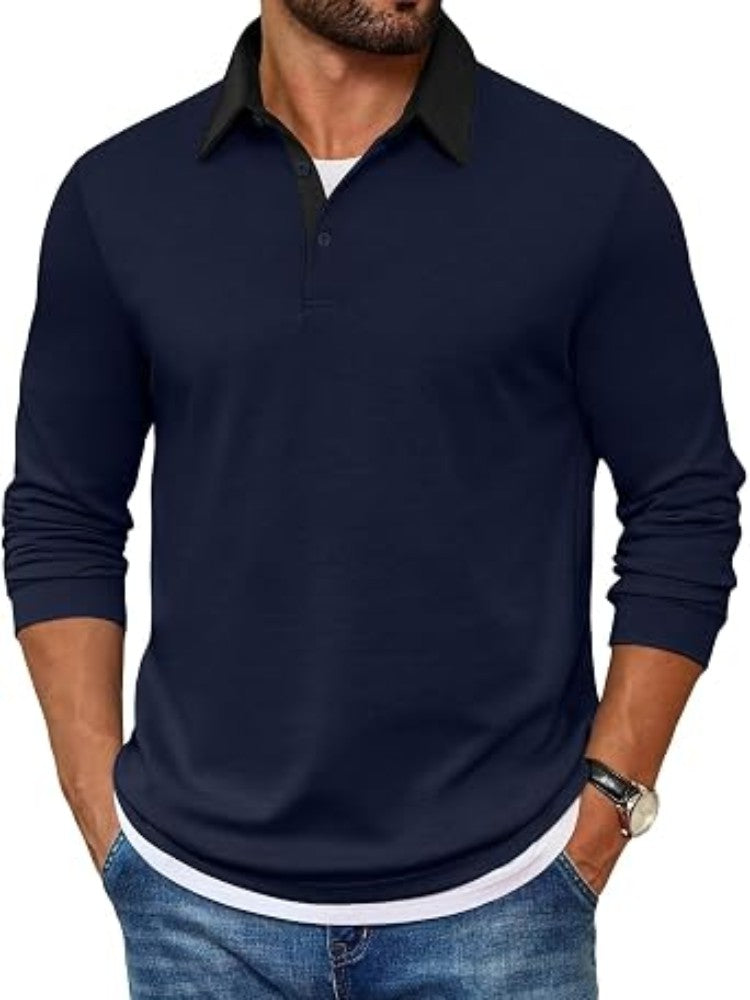 Contrast Collar Long Sleeve Polo Pullover Shirt (US Only)