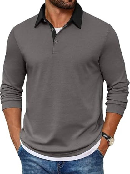 Contrast Collar Long Sleeve Polo Pullover Shirt (US Only)