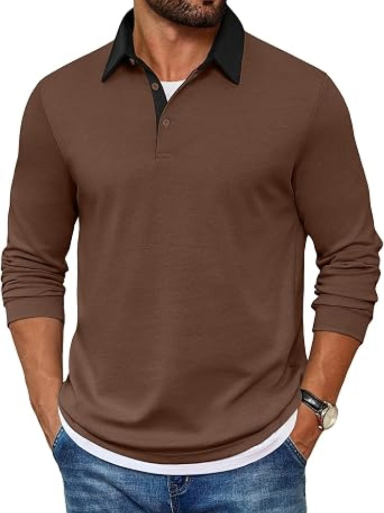 Contrast Collar Long Sleeve Polo Pullover Shirt (US Only)