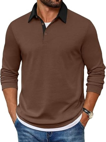 Contrast Collar Long Sleeve Polo Pullover Shirt (US Only)