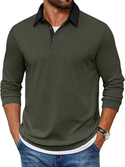 Contrast Collar Long Sleeve Polo Pullover Shirt (US Only)