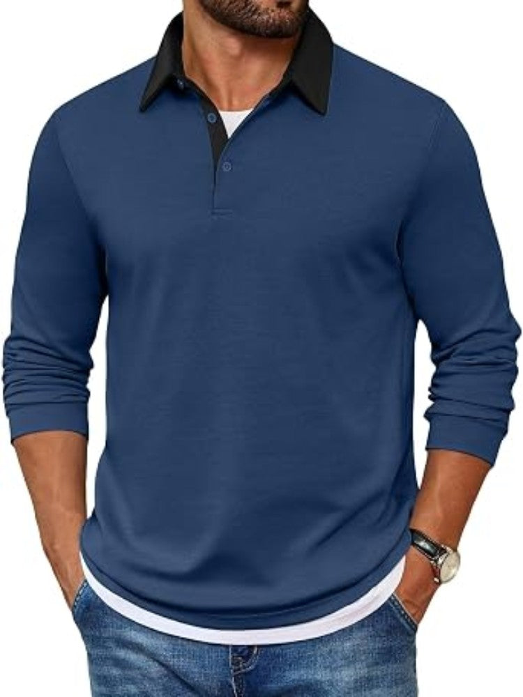 Contrast Collar Long Sleeve Polo Pullover Shirt (US Only)