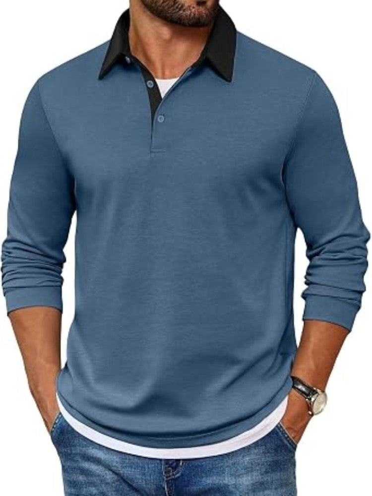 Contrast Collar Long Sleeve Polo Pullover Shirt (US Only)
