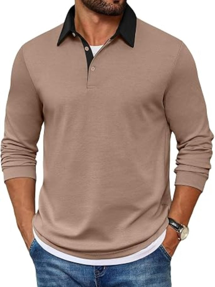 Contrast Collar Long Sleeve Polo Pullover Shirt (US Only)