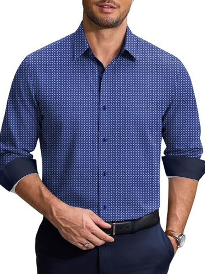 Printed Contrast Collar Long Sleeve Button Down Dress Shirt (US Only)