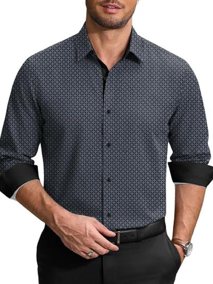 Printed Contrast Collar Long Sleeve Button Down Dress Shirt (US Only)