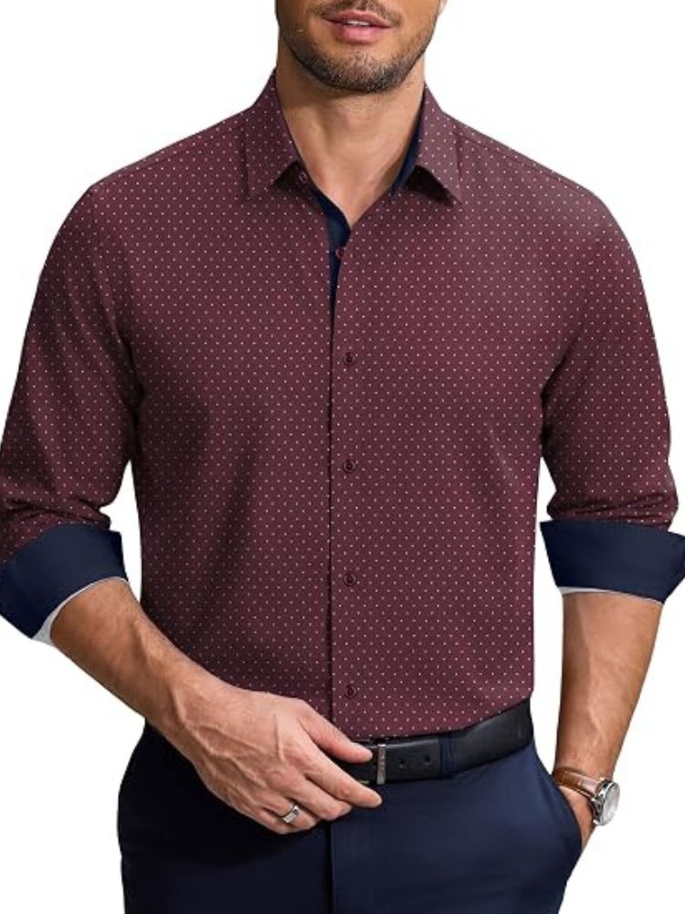 Printed Contrast Collar Long Sleeve Button Down Dress Shirt (US Only)