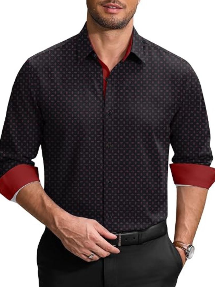 Printed Contrast Collar Long Sleeve Button Down Dress Shirt (US Only)