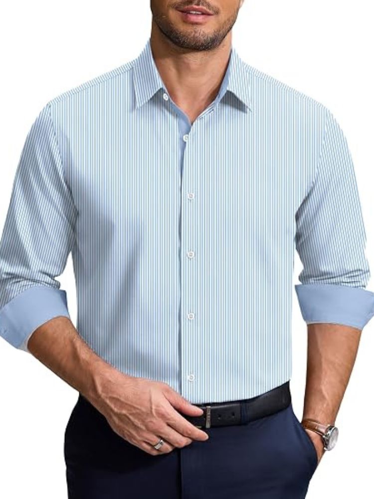 Printed Contrast Collar Long Sleeve Button Down Dress Shirt (US Only)