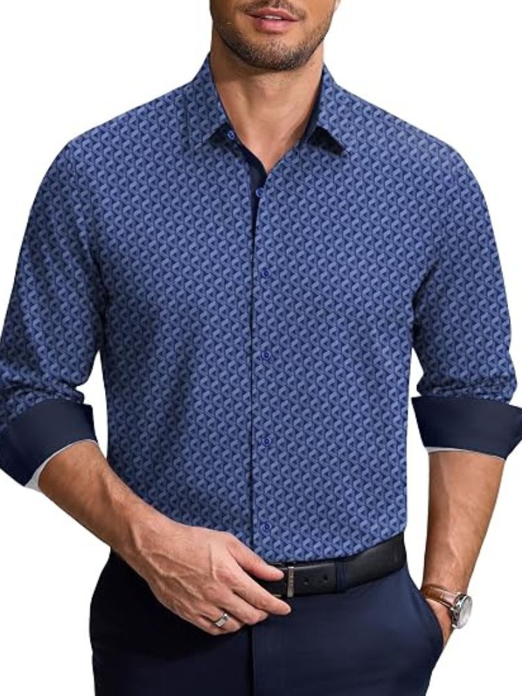 Printed Contrast Collar Long Sleeve Button Down Dress Shirt (US Only)