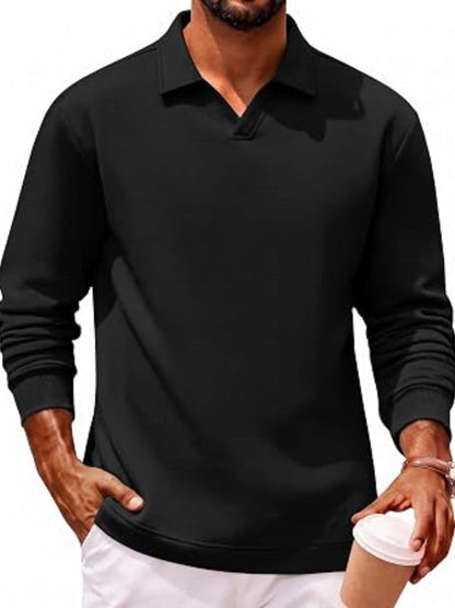 Fleece-Lined Cotton Blend V-Neck Long Sleeve Polo Shirt (US Only)