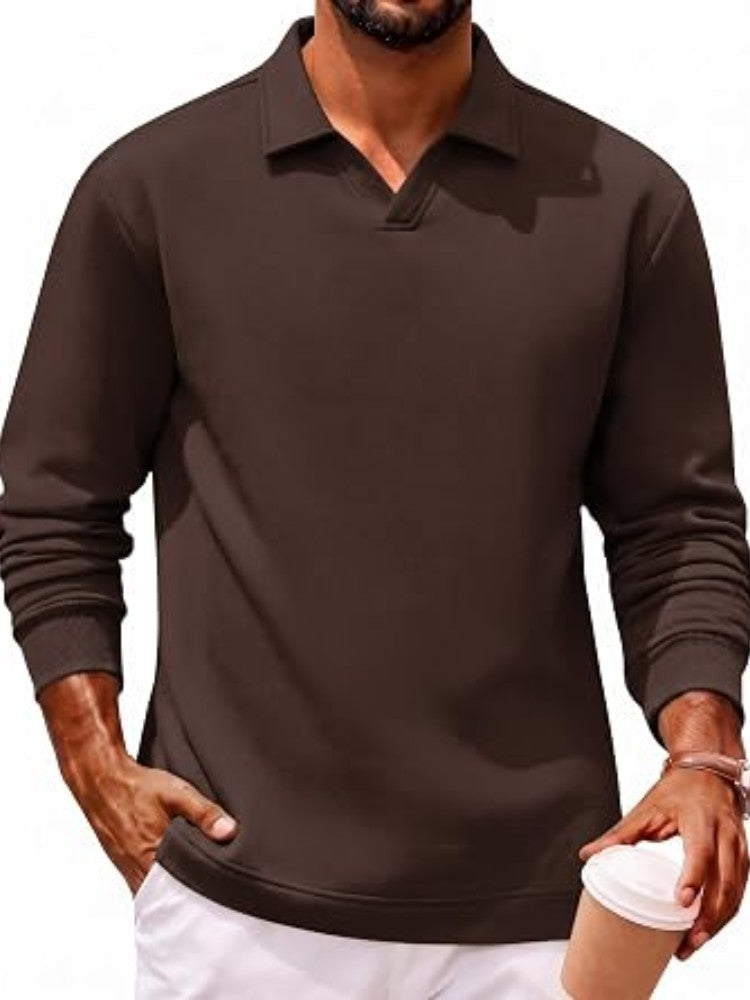 Fleece-Lined Cotton Blend V-Neck Long Sleeve Polo Shirt (US Only)