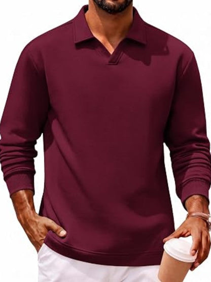 Fleece-Lined Cotton Blend V-Neck Long Sleeve Polo Shirt (US Only)