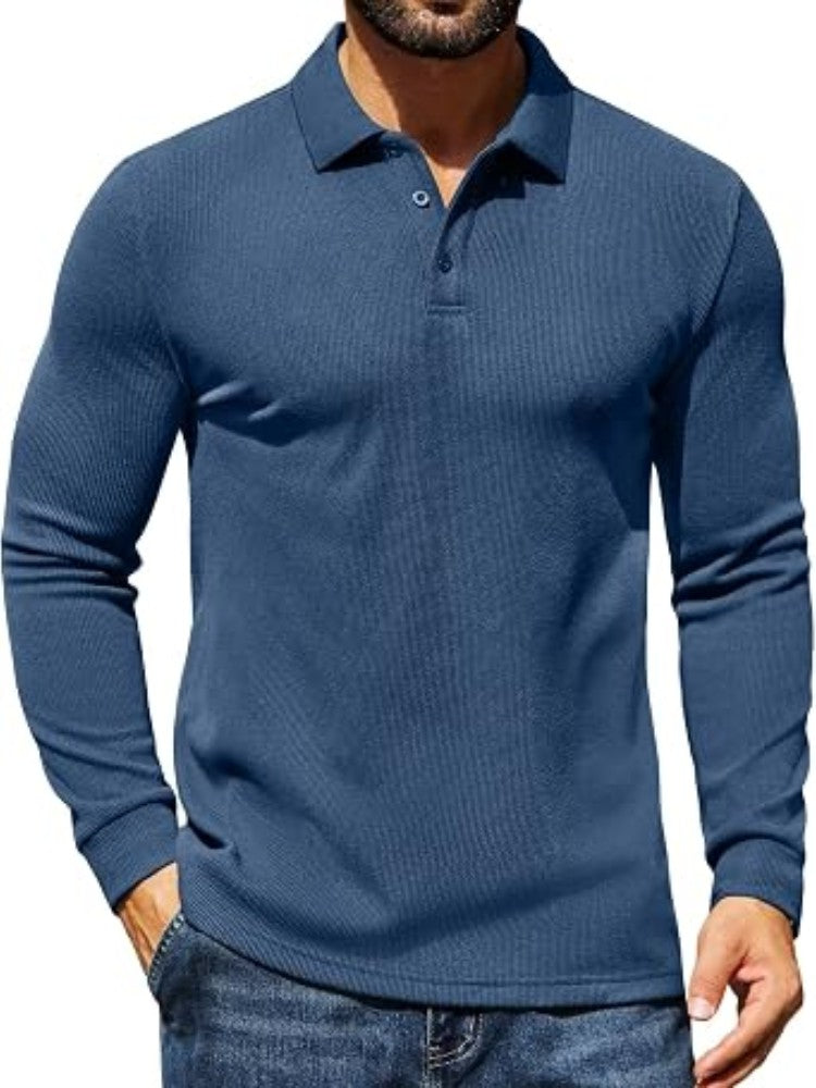 Casual Long Sleeve Waffle Knit Polo Pullover (US Only)