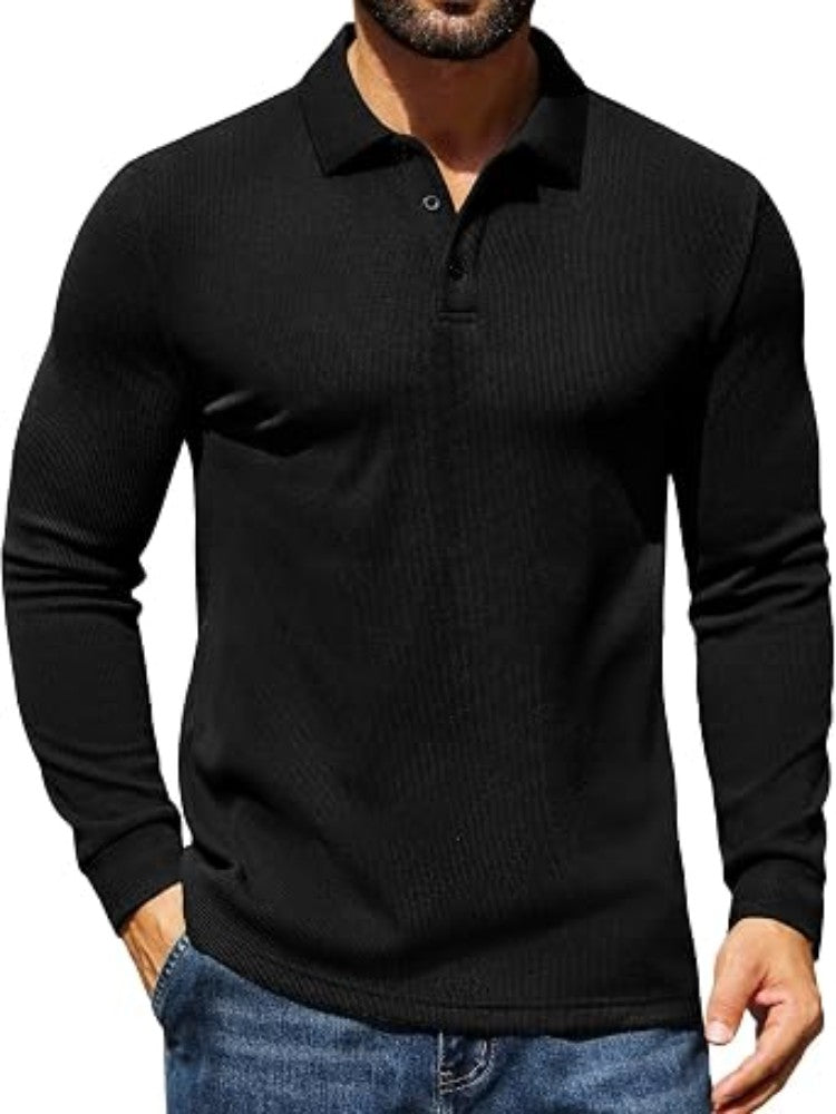 Casual Long Sleeve Waffle Knit Polo Pullover (US Only)