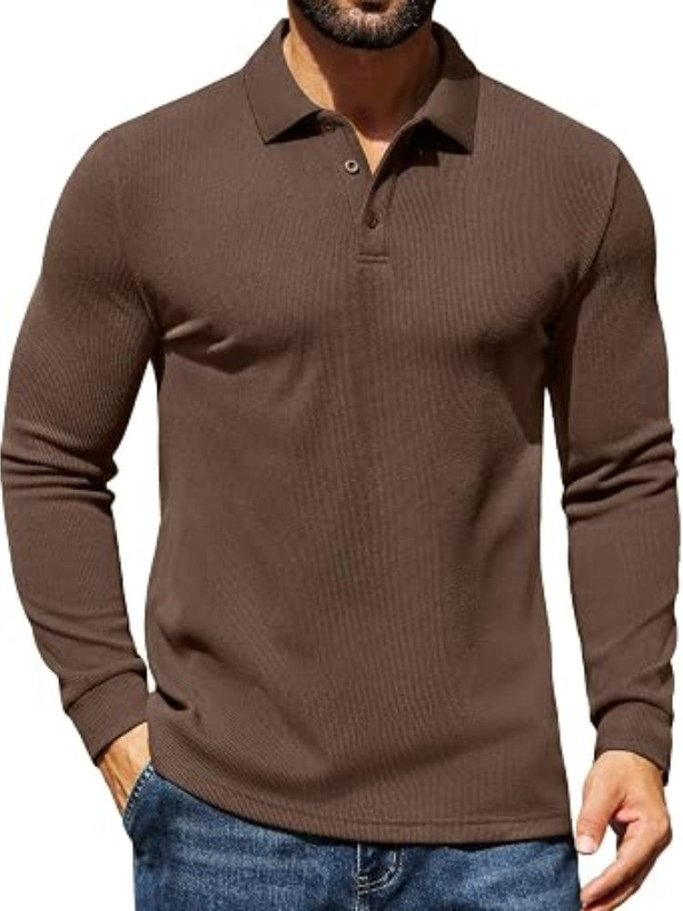 Casual Long Sleeve Waffle Knit Polo Pullover (US Only)