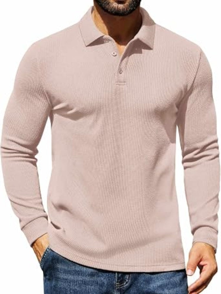 Casual Long Sleeve Waffle Knit Polo Pullover (US Only)