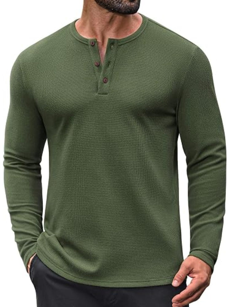 Waffle Knit Henley Long Sleeve Casual Pullover Shirt (US Only)