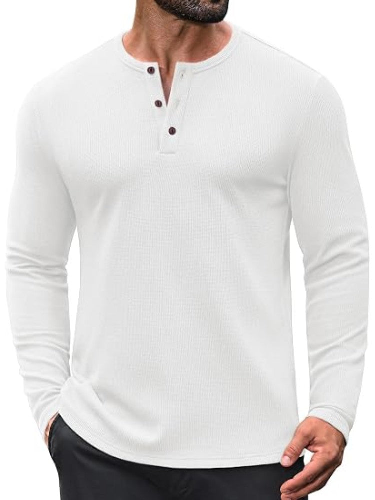 Waffle Knit Henley Long Sleeve Casual Pullover Shirt (US Only)