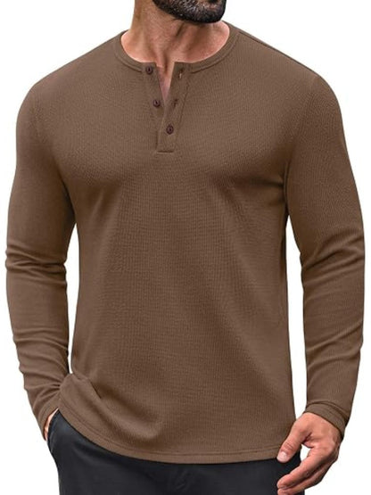 Waffle Knit Henley Long Sleeve Casual Pullover Shirt (US Only)
