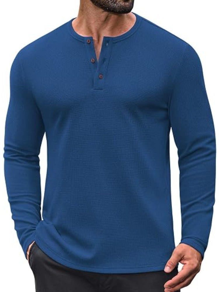 Waffle Knit Henley Long Sleeve Casual Pullover Shirt (US Only)